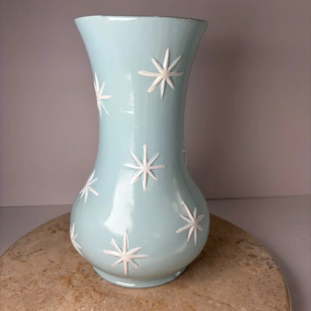 VTG Ceramic Vase 9.5in Blue Mid Century Modern Raised Atomic Starburst Hourglass